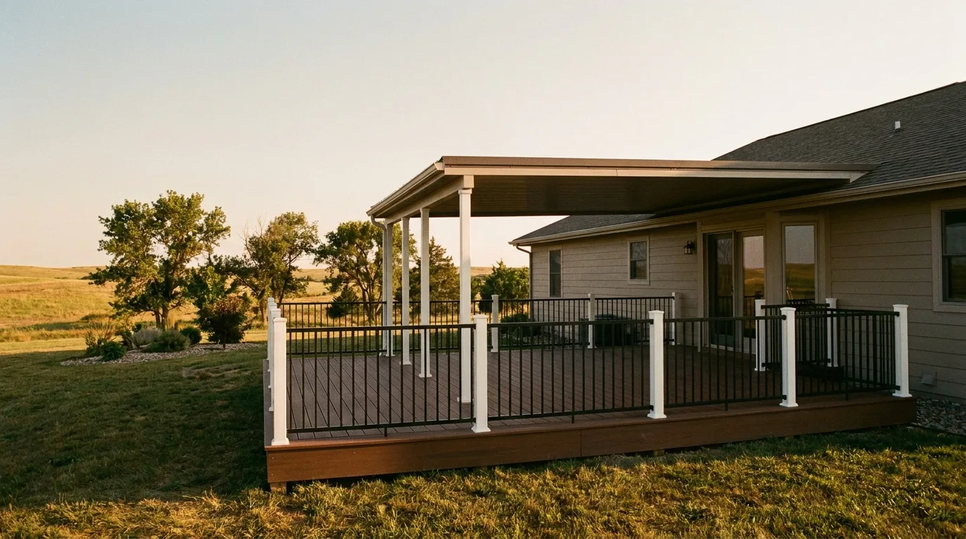 A finished composite deck with a solid roof cover on a Kansas home, framed wide against open sky and prairie grass in warm late-afternoon light.