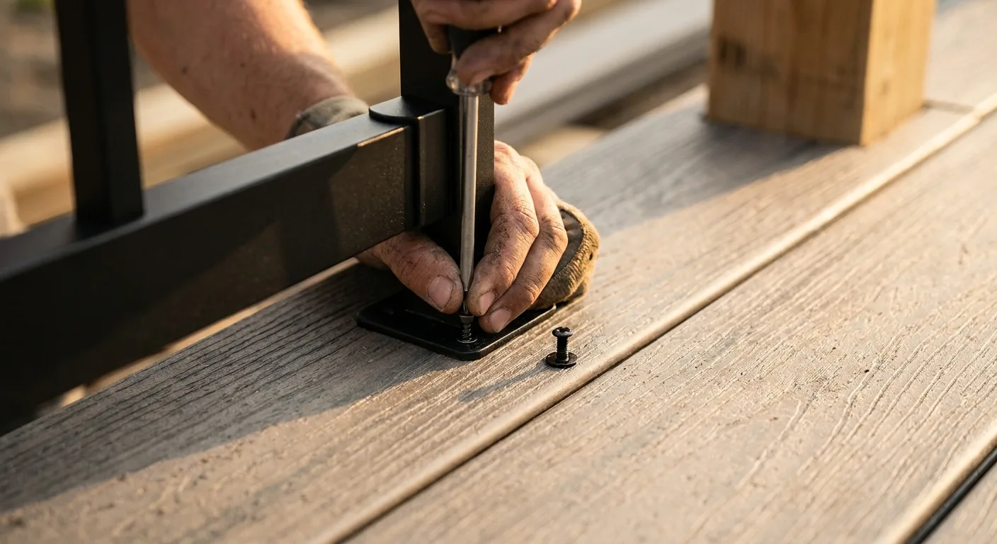 A close detail shot of a black metal railing baluster being fastened into composite decking, anonymous hands only, warm natural light.