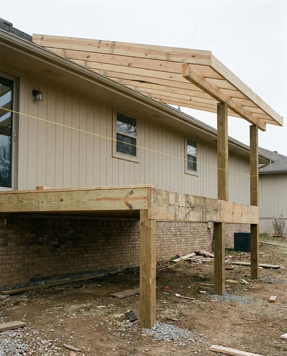 An in-progress wooden deck frame with joists and a taut string line against the side of a Kansas home, plain daylight, no people visible.