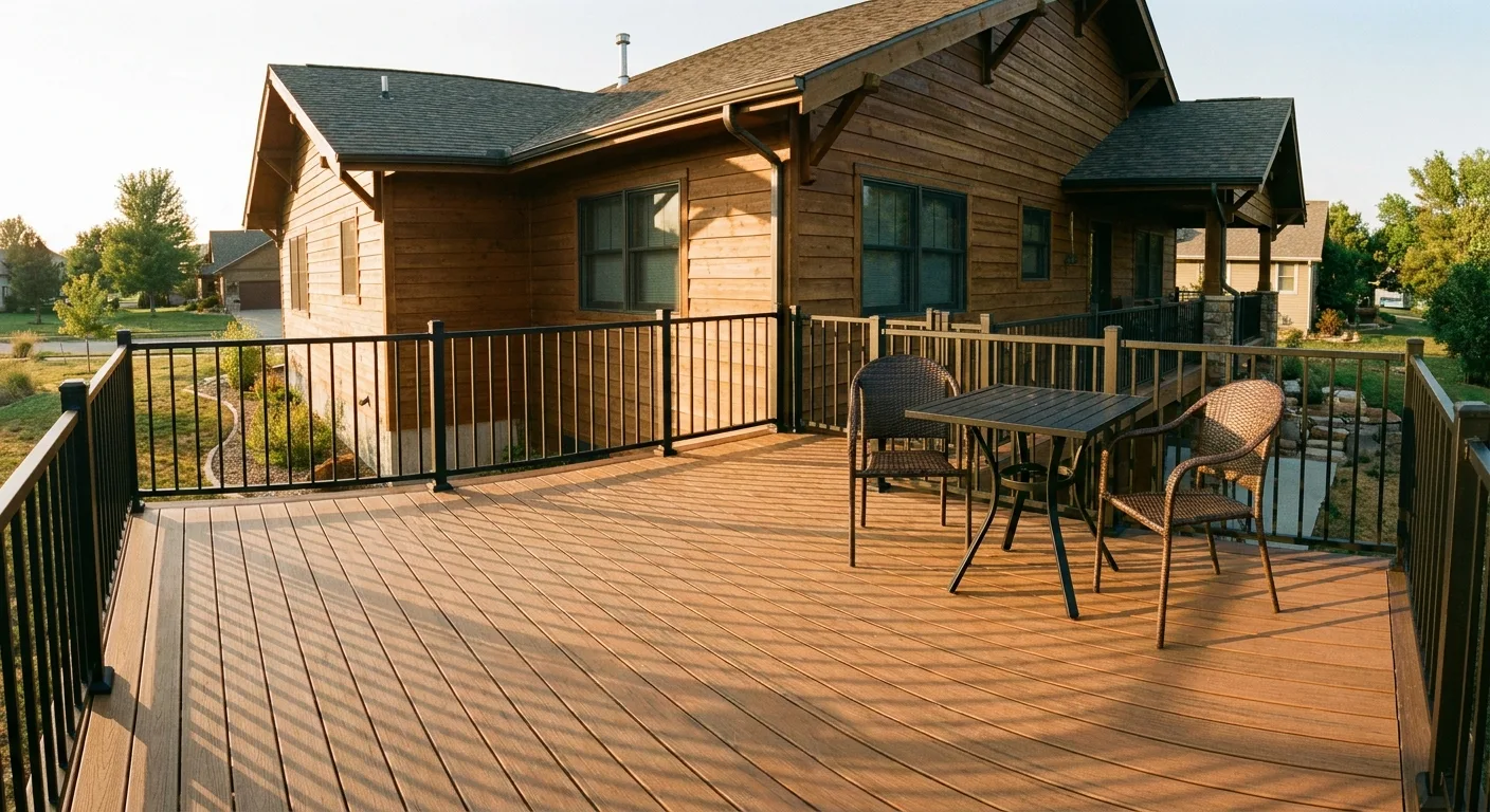 A composite deck with black metal railing and outdoor furniture on the back of a single-family home, photographed in late-afternoon light.