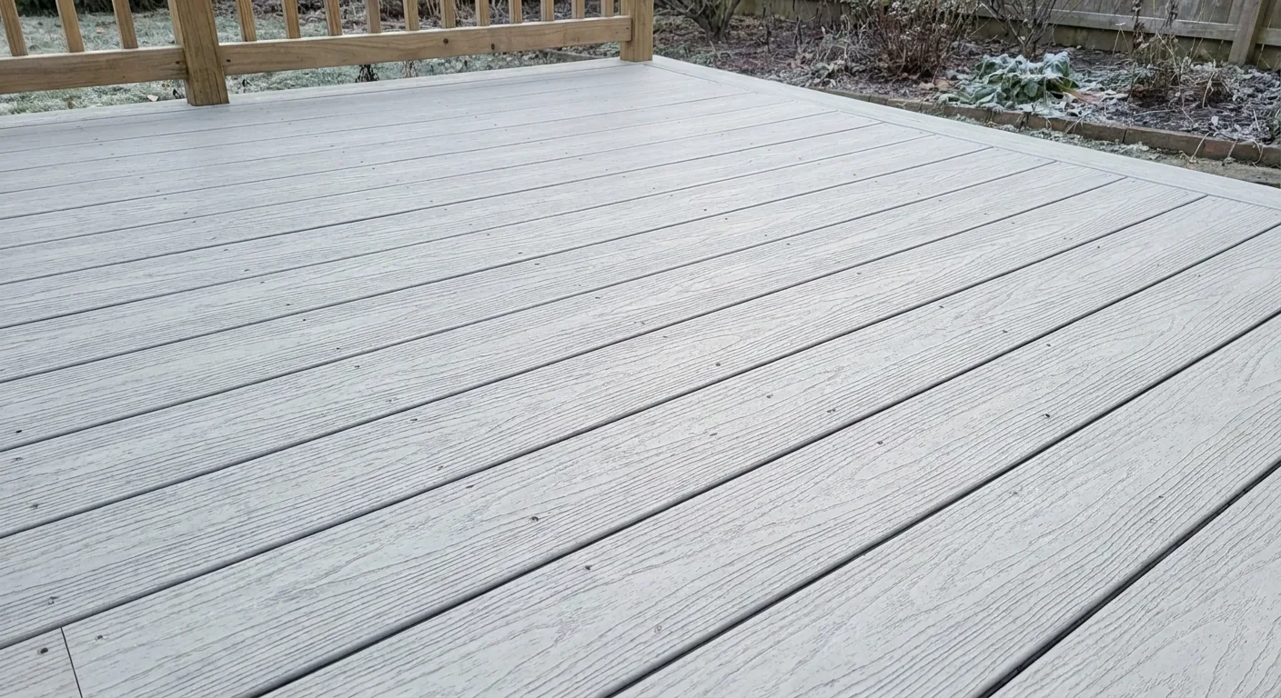 A clean, dry composite deck surface in daylight, showing the boards and fasteners with no stain, brush, or drop cloth in sight.