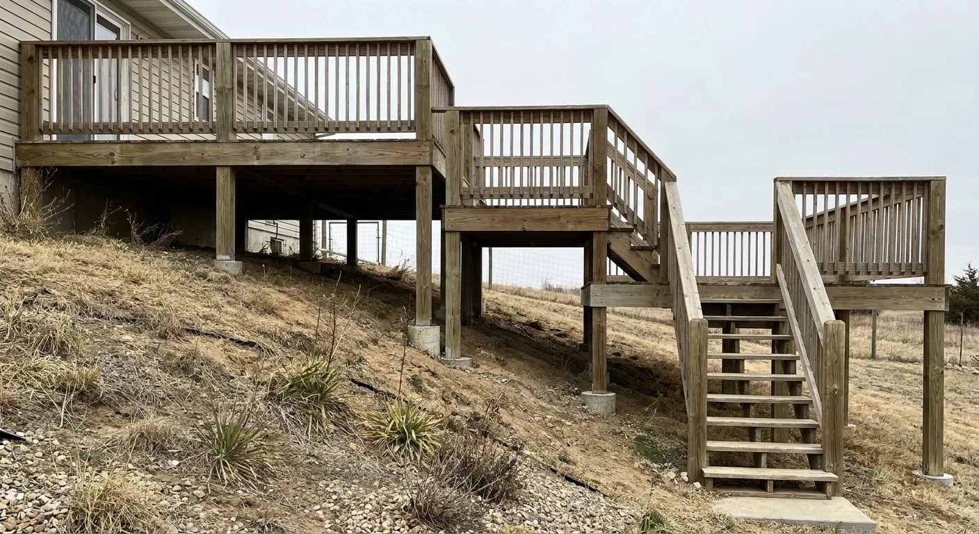 A deck stepping down a sloped yard, sitting noticeably higher above the ground at one end than the other.