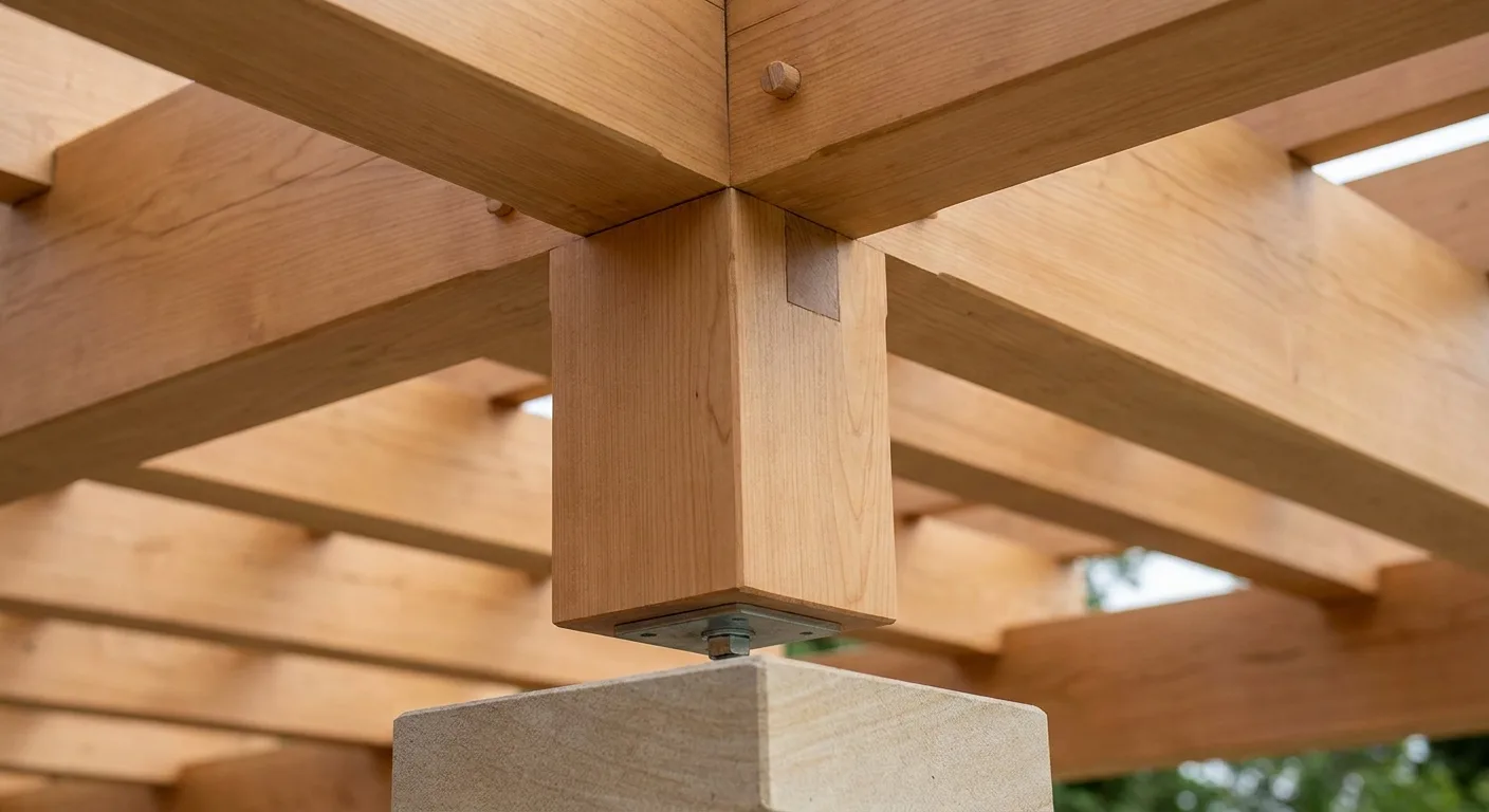 Close-up of a pergola's post and beam joinery and column base, showing a clean finish and tight construction.