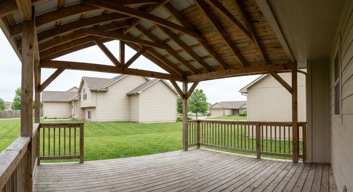 An open-sided roof cover built over a wood deck, showing the roofline and support posts in daylight.