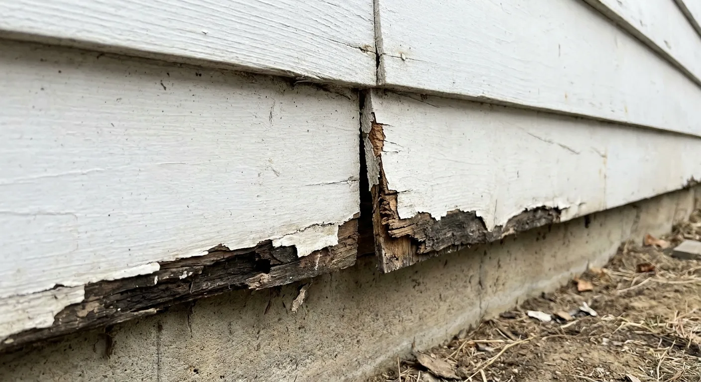 A lower course of siding near the ground with a rotted, crumbling edge and a gap at a butt joint.