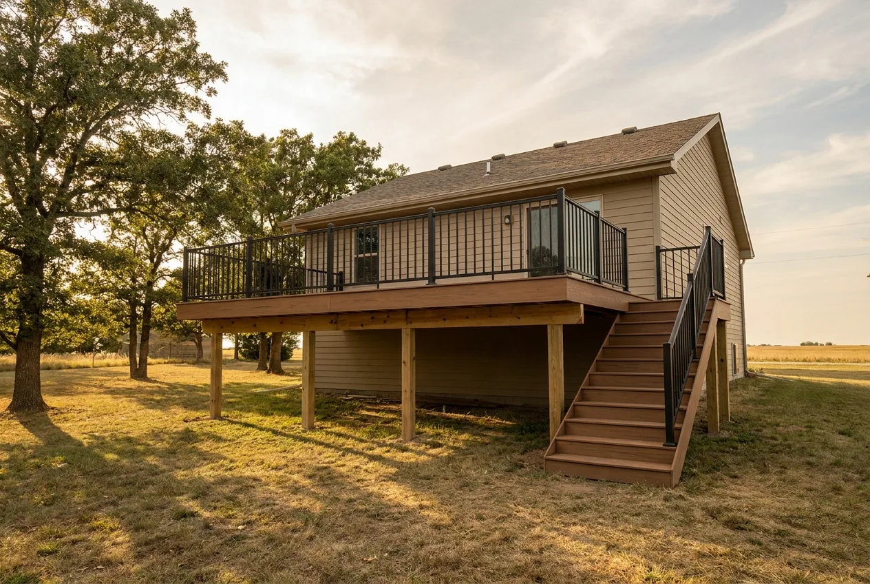 A composite deck built well above ground level on a Kansas home, with a staircase leading down to the yard and open space visible underneath the deck frame.