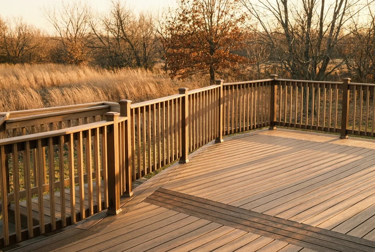 A composite deck bordered by dormant tan prairie grass and bare trees, lit by low late-afternoon sun.