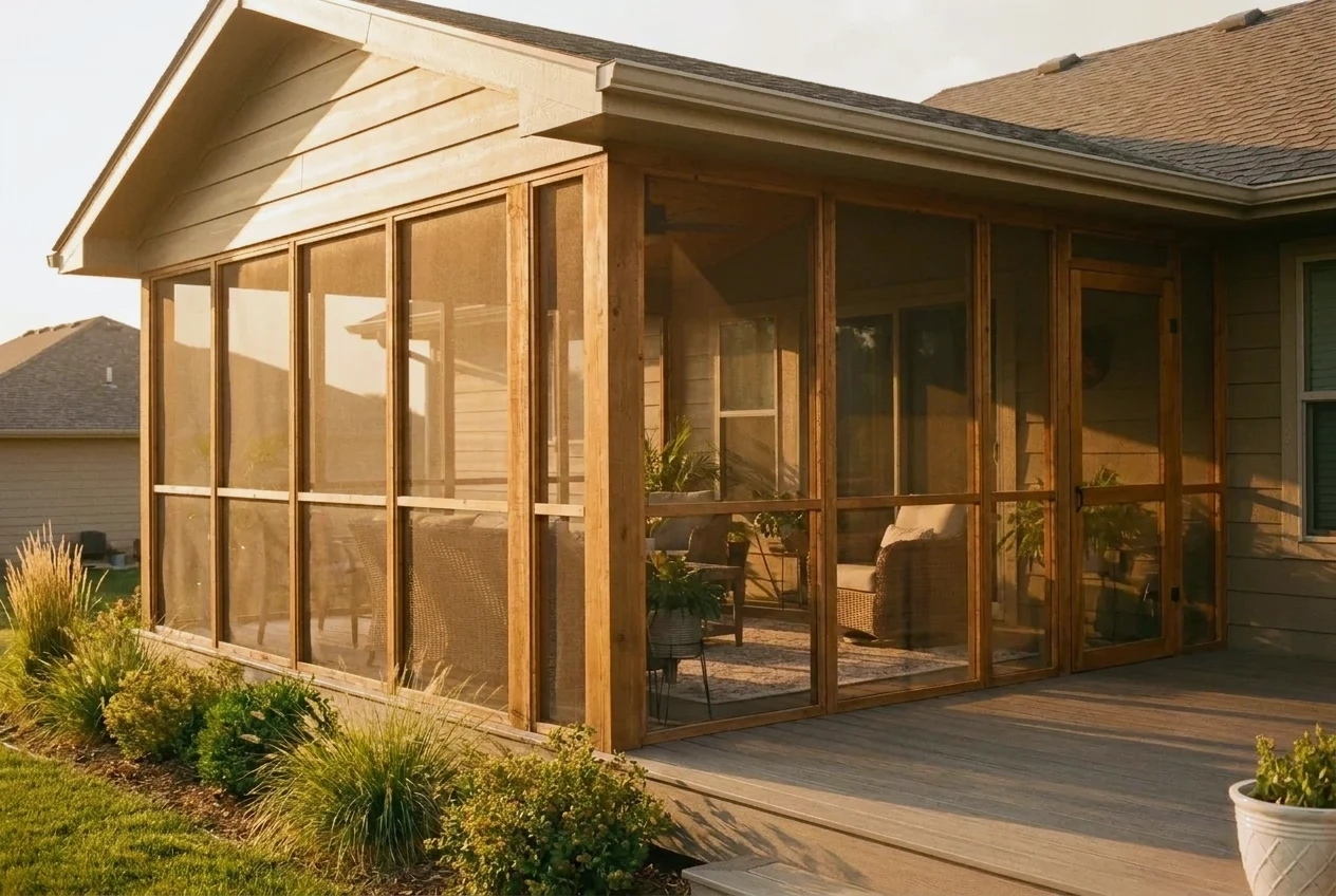 A screened porch attached to the back of a house, viewed from the yard so the full screen wall and the roofline tying into the house are both visible.