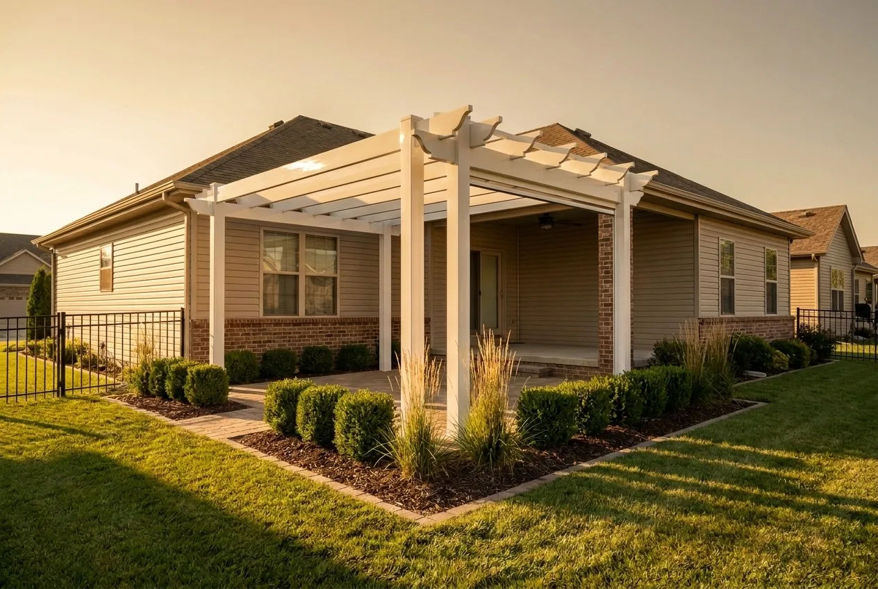 A white PVC pergola over a patio attached to a tidy, neutral-colored home with restrained landscaping.