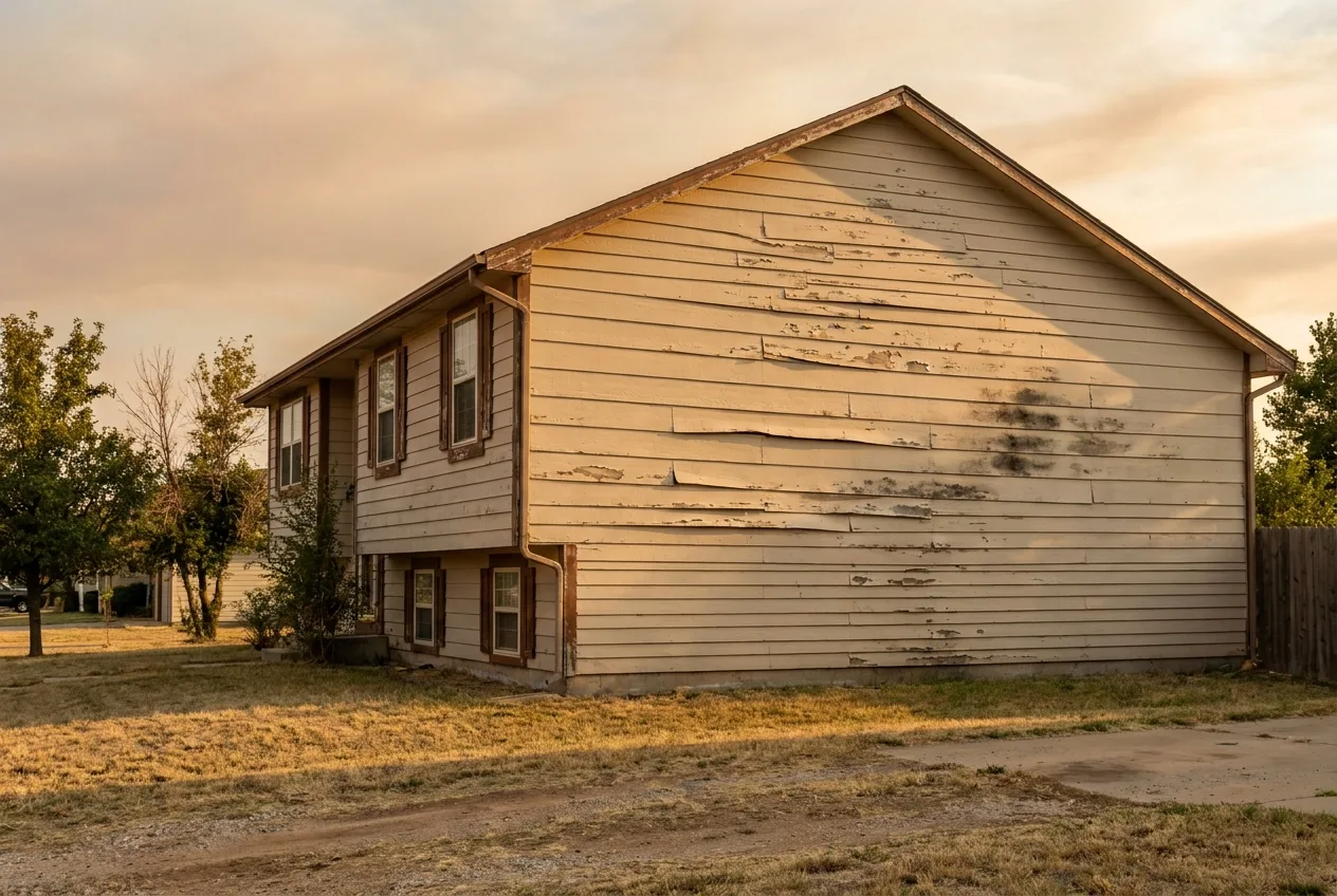 A home elevation showing siding with visible cracking, cupping, and discoloration where the finish has let go.
