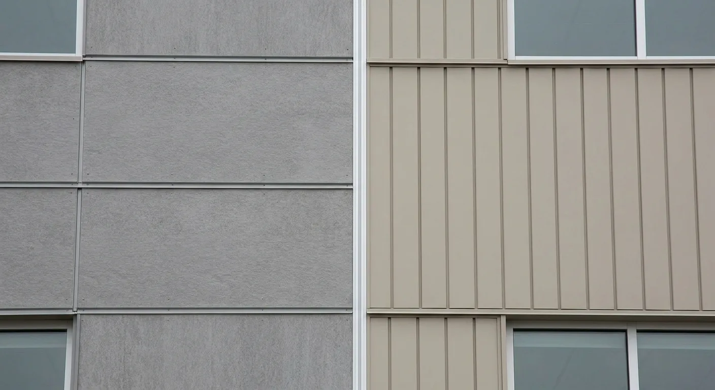Two commercial siding materials shown side by side on an elevation.