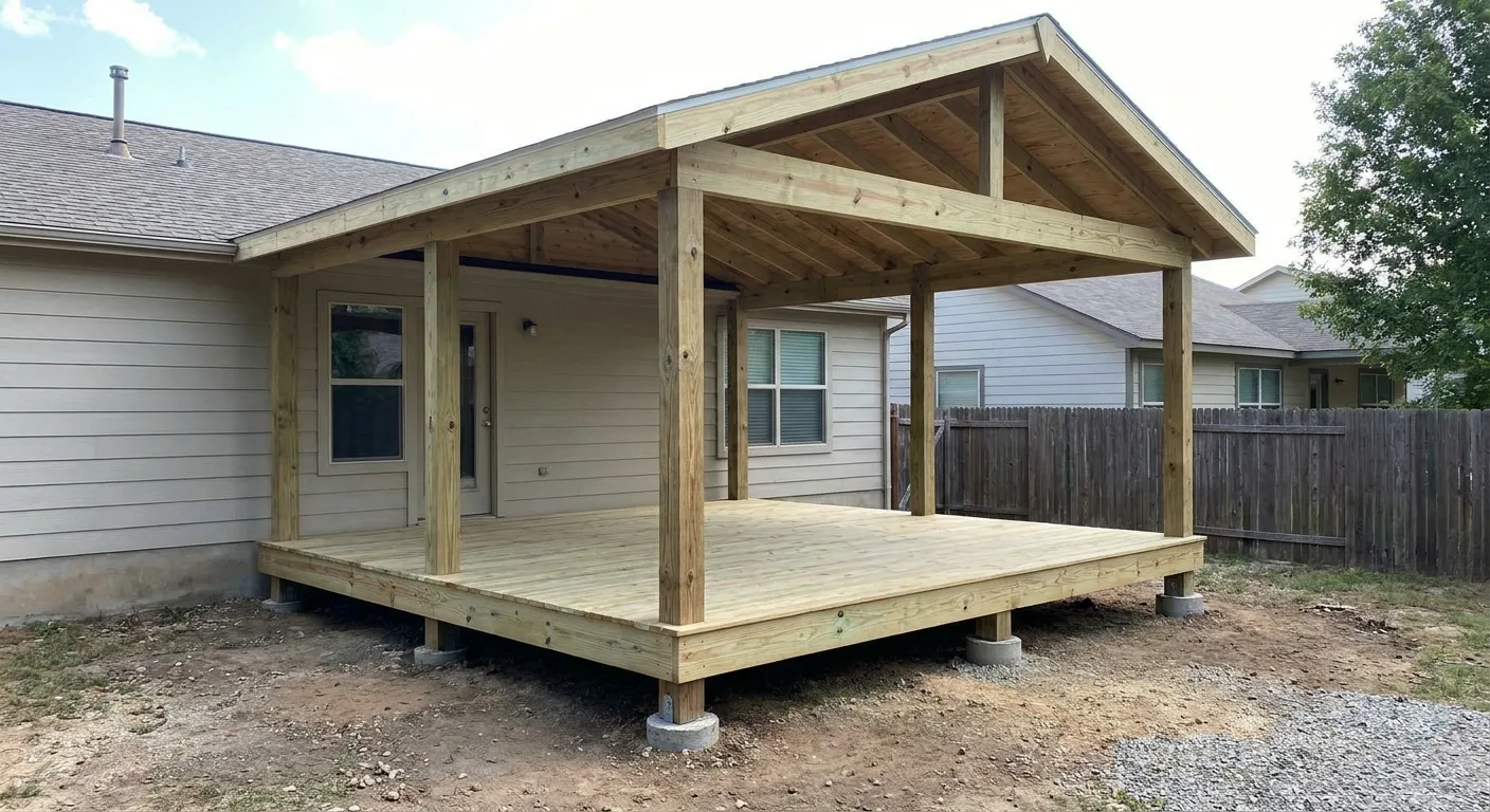 A newly built deck with its roof cover, posts, and footings framed together in one build.
