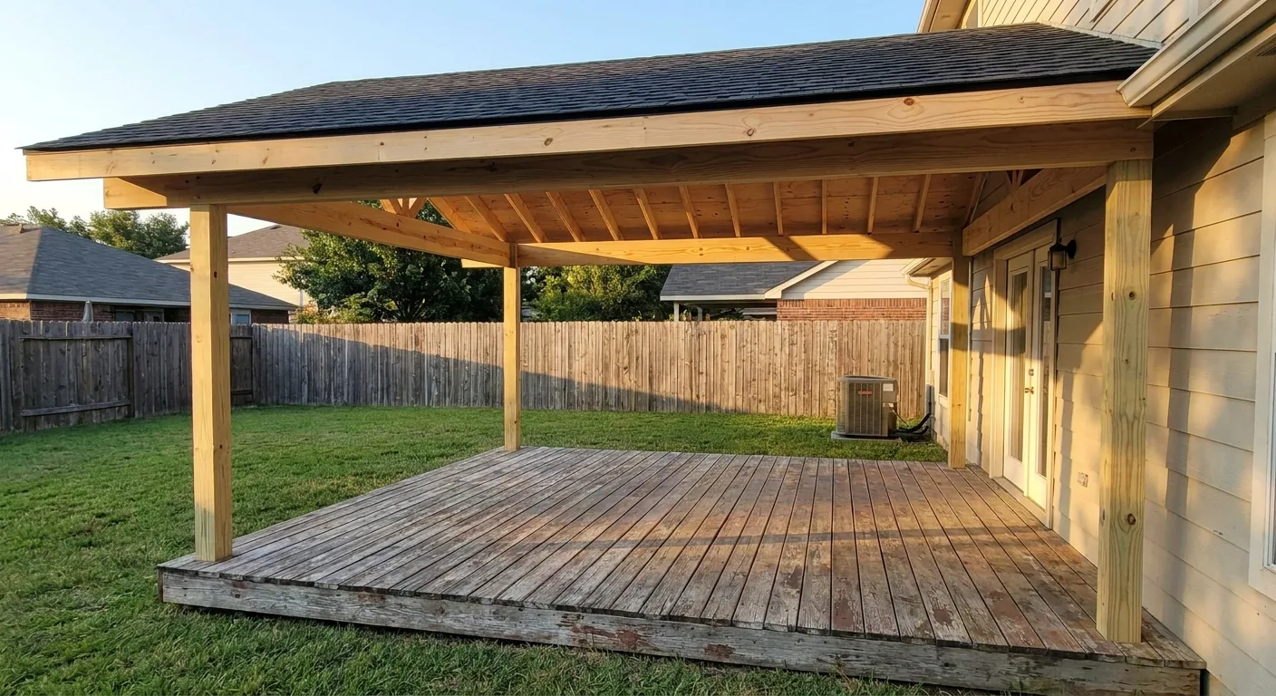 A roof cover added over an older, weathered deck, with the new framing visibly newer than the boards below.