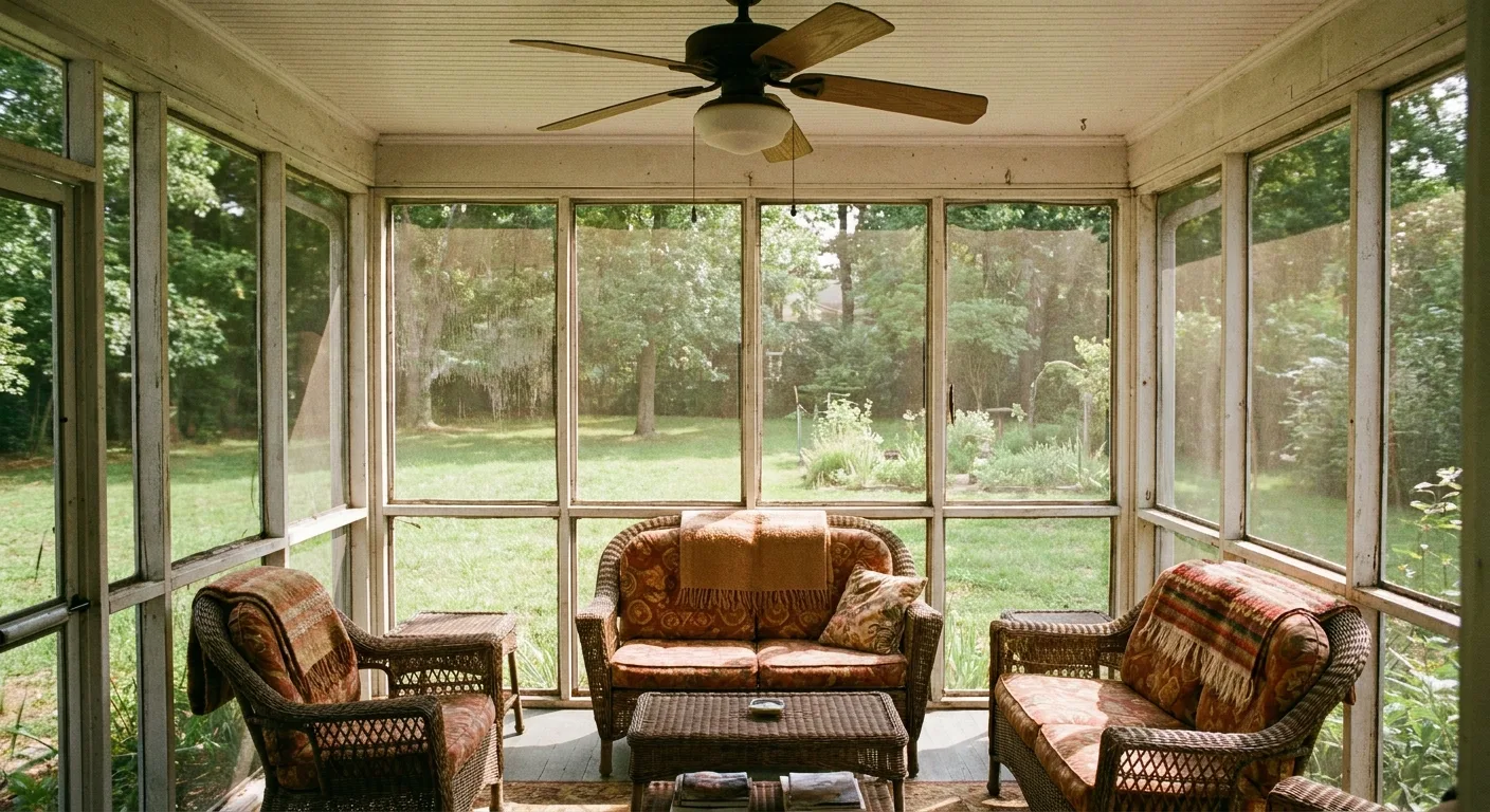 The view from inside a screened porch looking out toward the yard, furnished with a ceiling light fixture.