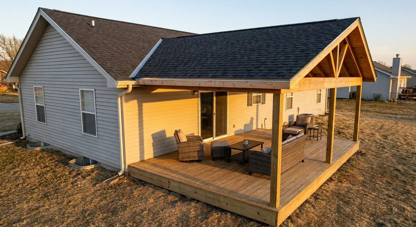 A finished deck cover with a solid roof over a patio.