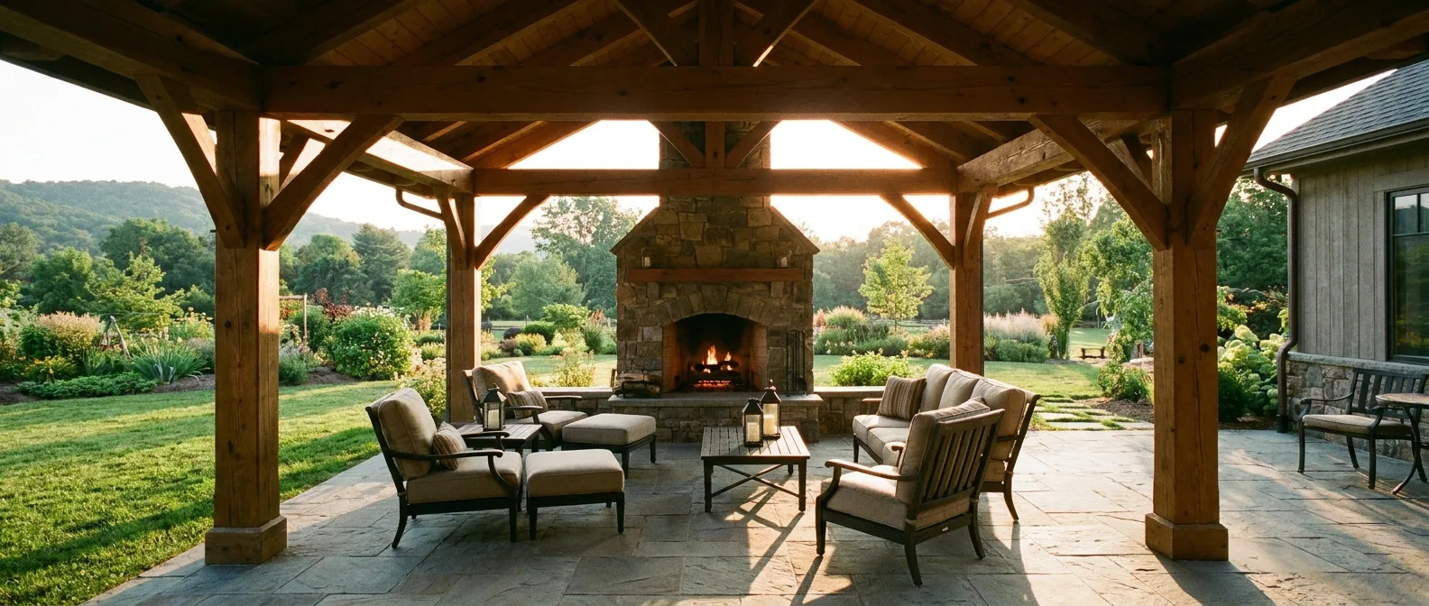 A covered outdoor patio with heavy timber beams and a stone fireplace, furnished for evening gatherings.
