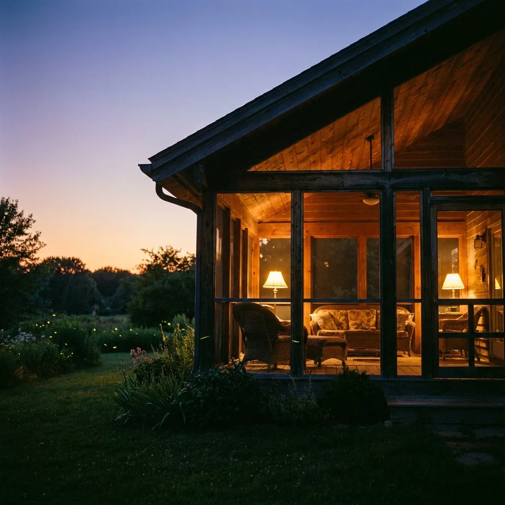A screened-in porch with vaulted ceilings and full-height screens overlooking the yard at dusk.