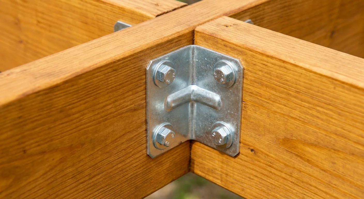 Close-up of a timber roof cover's framing joinery, secured with a metal bracket and bolts.