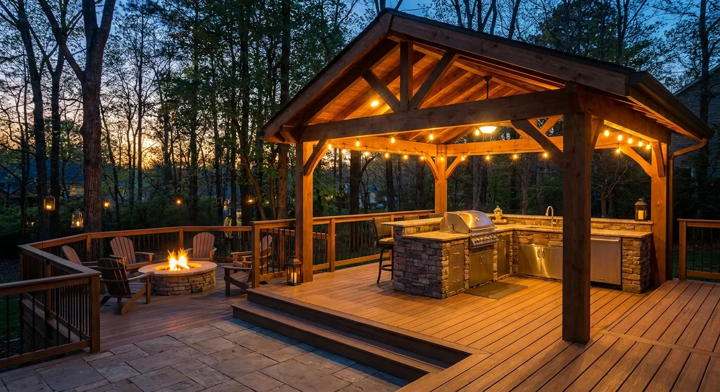 A multi-level deck with a built-in outdoor kitchen and fire pit under a roof cover, lit for evening use.