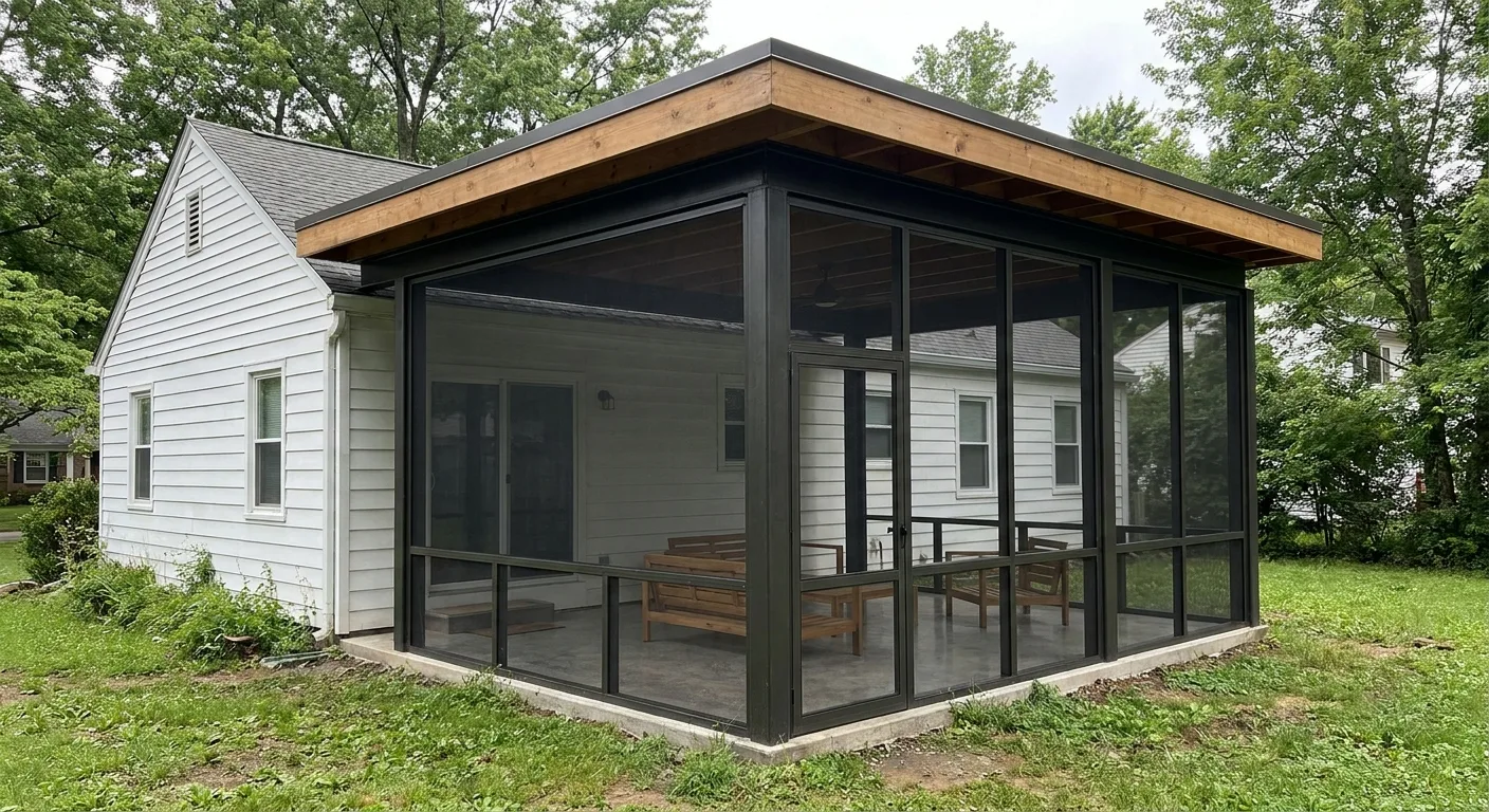 A modern screened porch addition on a clapboard house with clean, dark-framed screens.