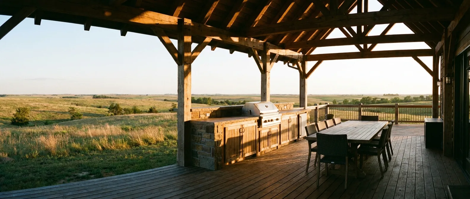 A wide timber-covered deck overlooking open prairie at sunset, with an outdoor kitchen and dining area underneath.