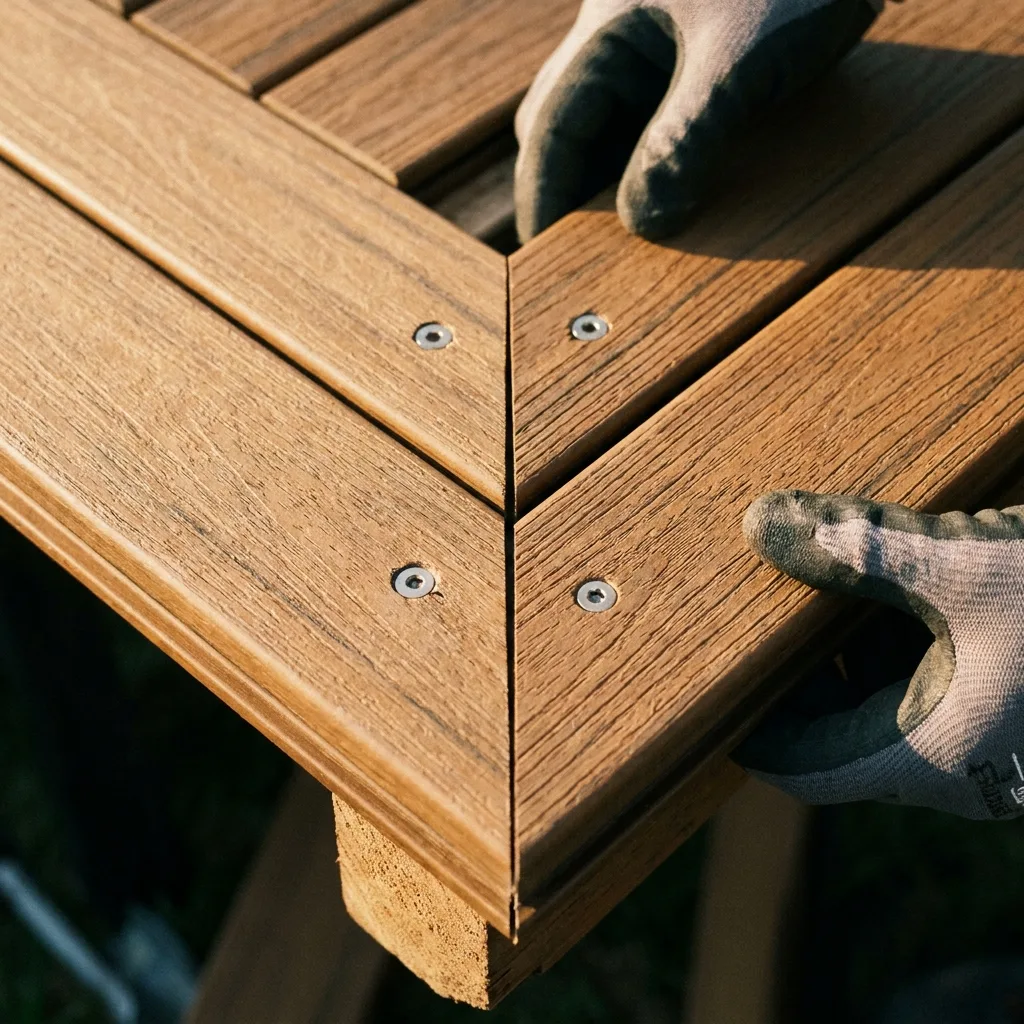 Close detail of deck board joinery and fasteners at a mitered corner, tactile craft shot