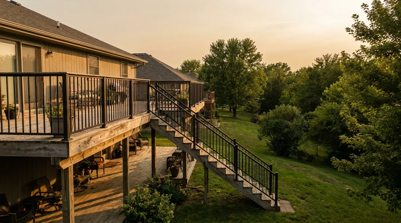 A multi-level deck with a custom stair run stepping down into a backyard, railing visible