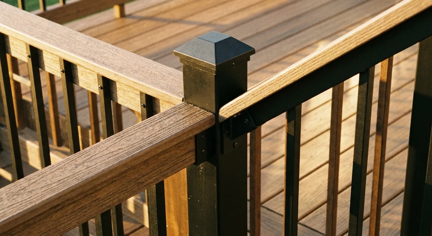 Close detail of a deck railing system showing the post, cap, and baluster spacing