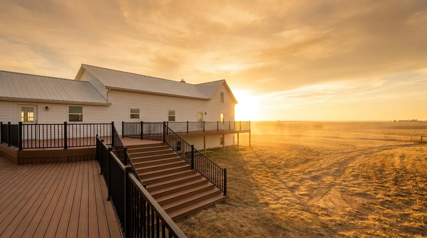 A wide wrap-around deck on a Kansas farmhouse-style home with a wide staircase leading to the yard