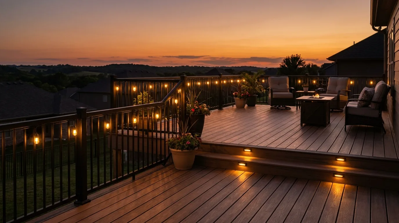 An evening deck scene with warm ambient lighting along the railing and stairs