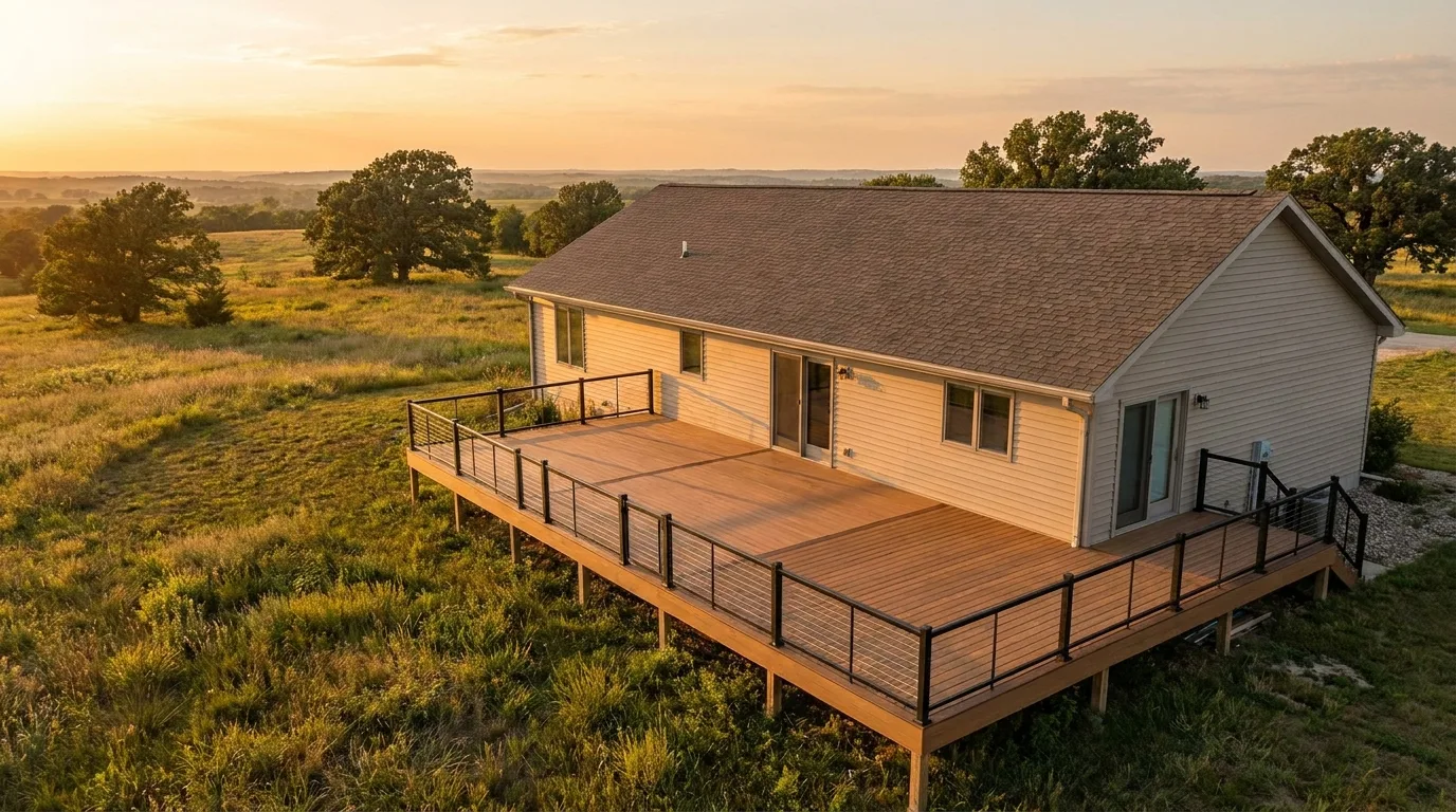 A finished composite deck with black metal railing on a Kansas single-family home, shot wide to show the house, the railing line, and the yard in late-afternoon light