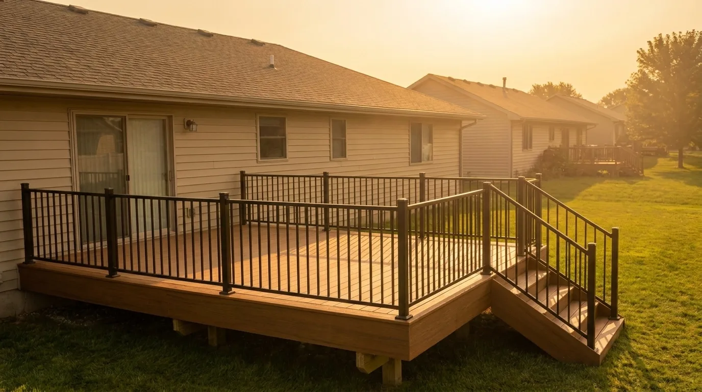 A finished composite deck with black metal railing and a stair run down to the yard, shot from an angle that shows the full structure