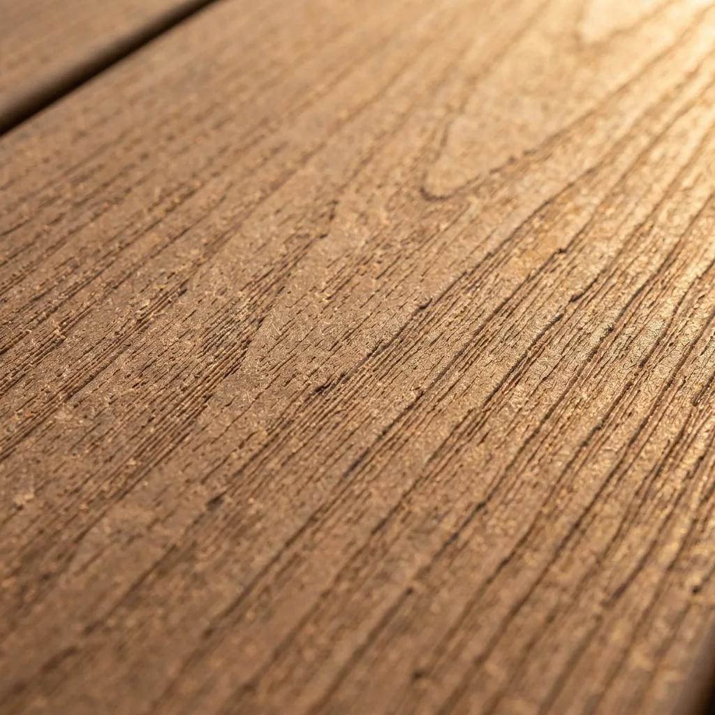 Close detail of a composite deck board surface, warm consistent brown tone and tactile woodgrain texture