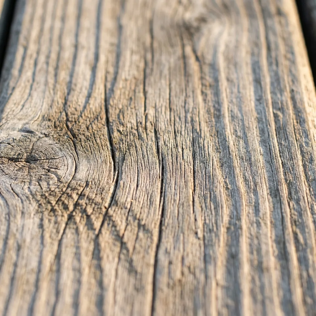 Close detail of a weathered pressure-treated deck board surface, showing honest sun-grayed aging