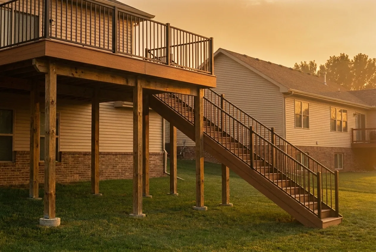 An elevated deck with tall support posts, a stair run to the yard, and black metal railing, showing the full height above grade