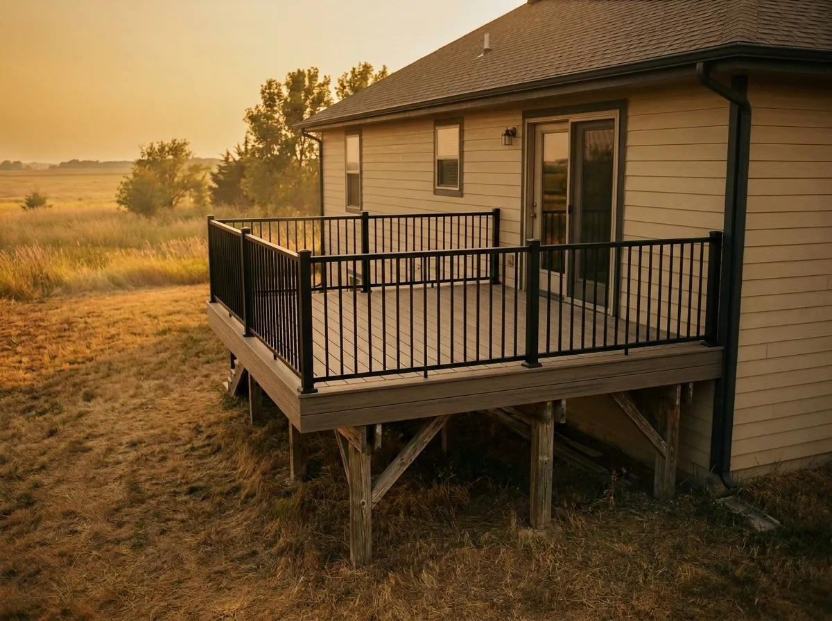 A finished refurbished deck with new composite decking and new black metal railings built on the home's existing structure