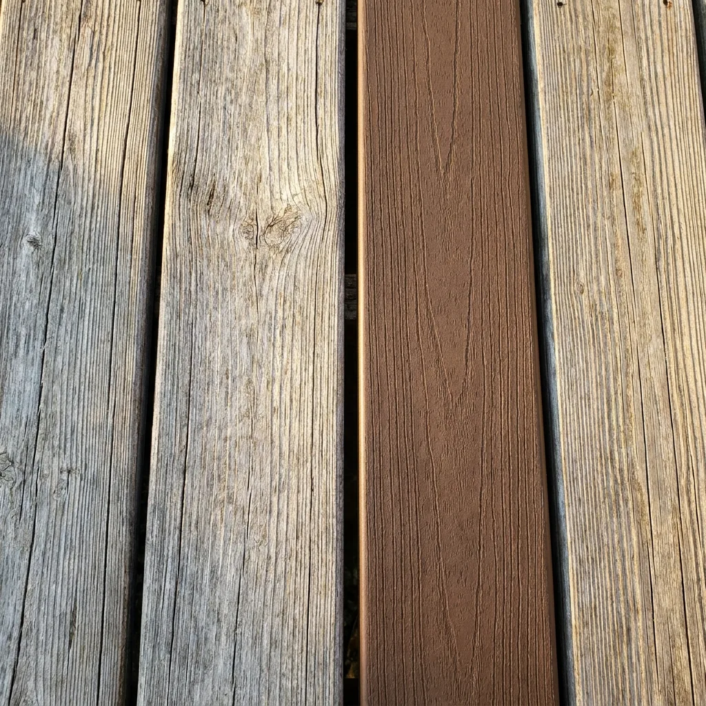 A brand-new composite deck board sitting directly against older, weathered sun-grayed boards, showing the plain color mismatch between new and existing decking