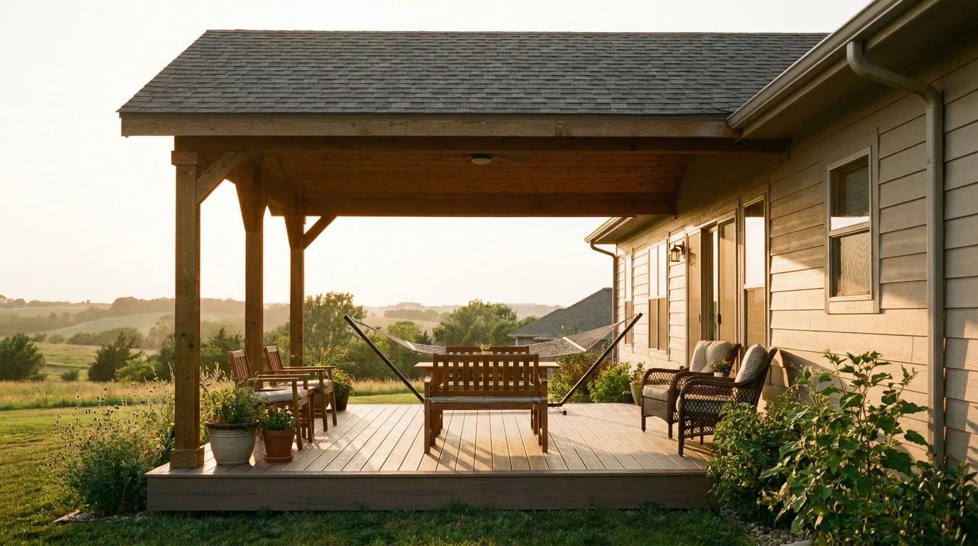 A covered deck with a solid roof structure over a seating area, warm evening light