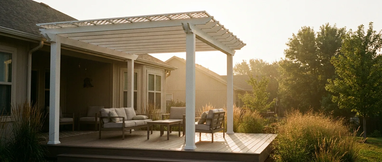A pergola structure over a deck seating area