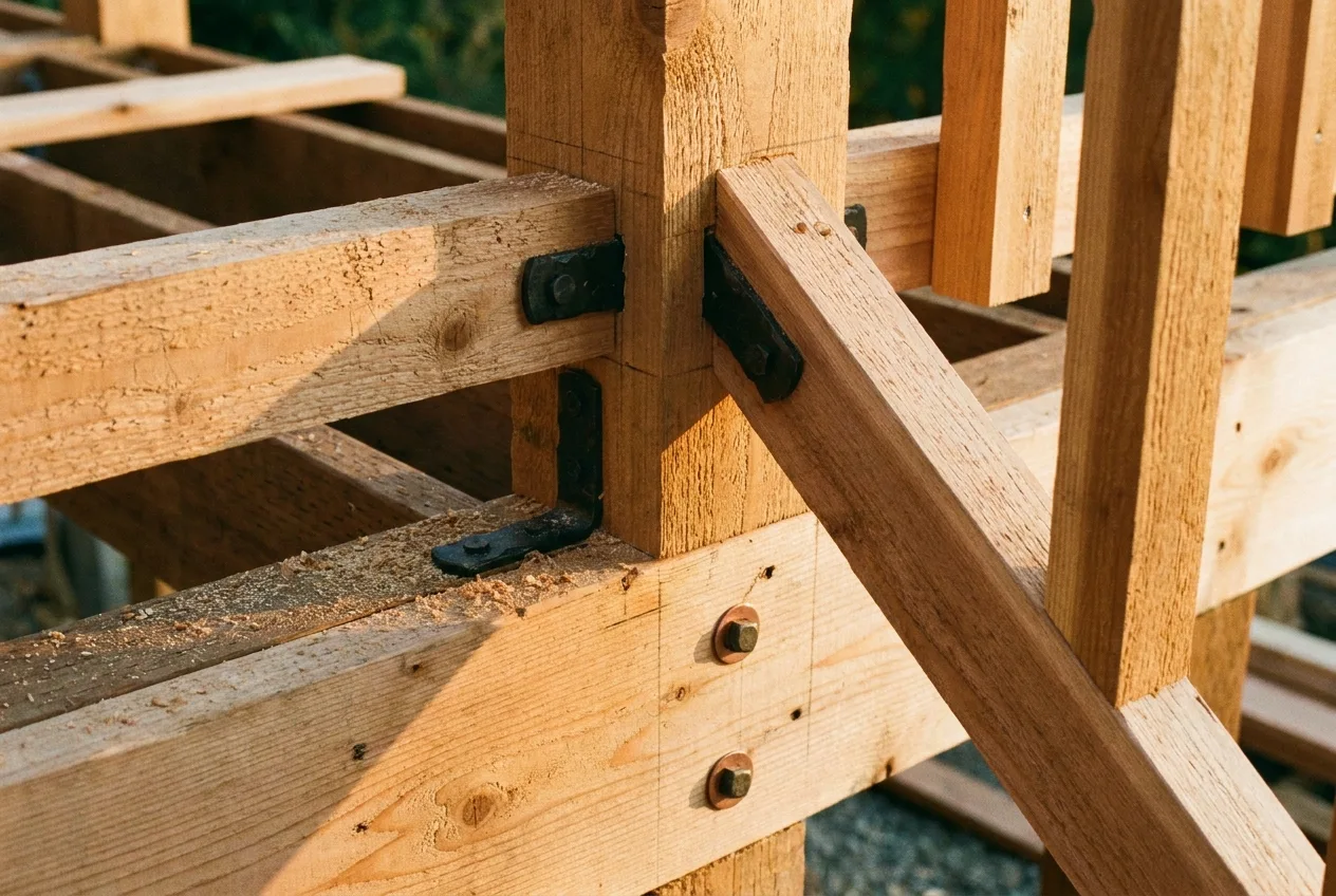 A close detail shot of a wooden deck framing joint with metal connector plates and bolts, warm natural light, no people visible.
