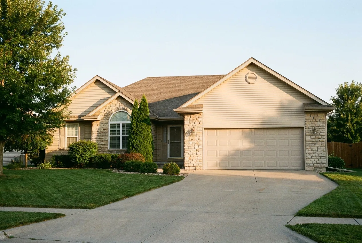 A full front elevation of a single-family Kansas home with newly installed neutral-colored siding and stone accents, warm daylight.