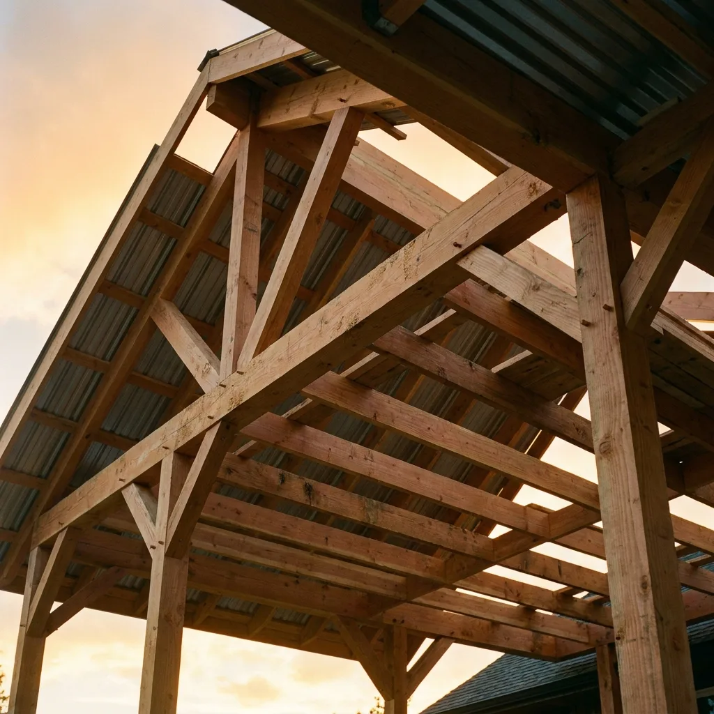 Photo taken from underneath a deck cover, showing exposed wood rafters converging at a ridge beam, with the metal roof panels visible above.