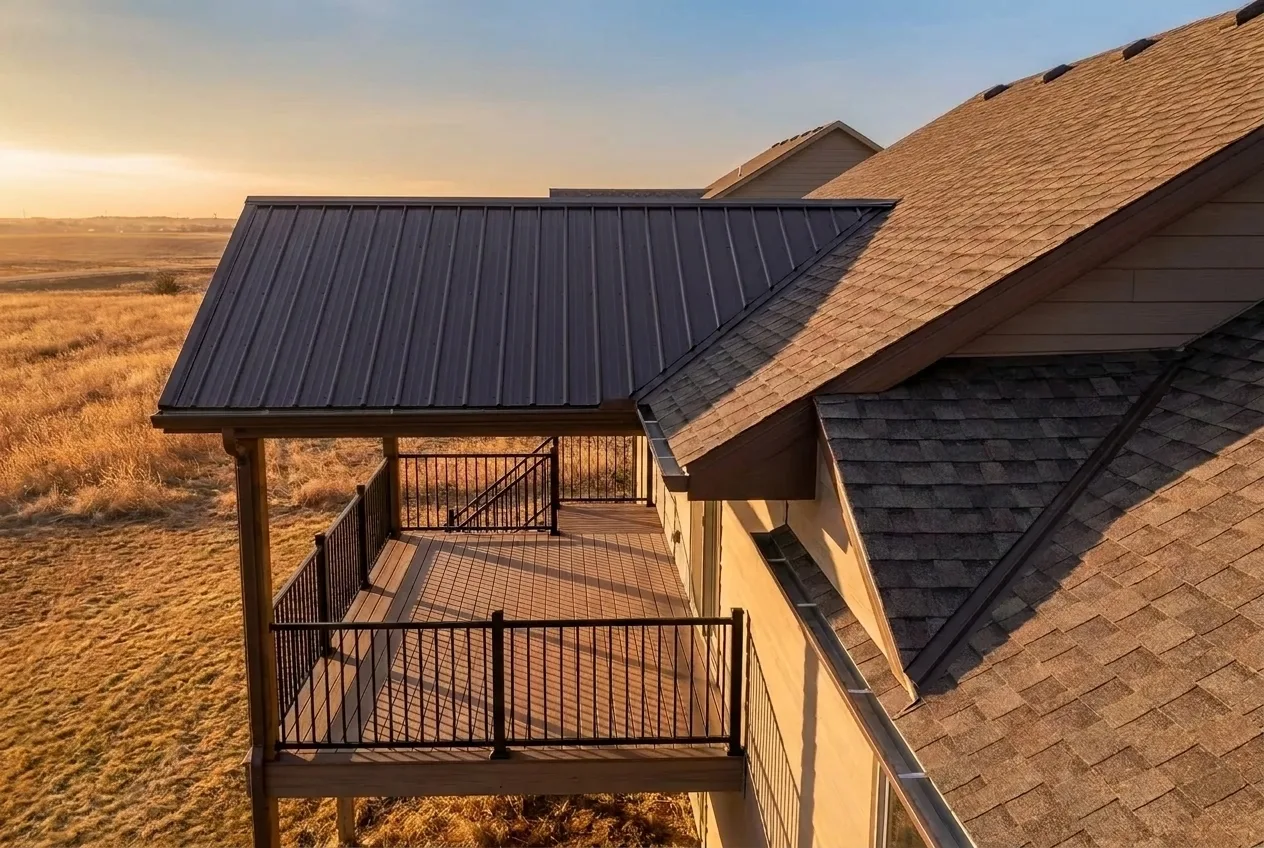 A solid roof cover built over an existing deck, with the roofline clearly tied into the house where the two structures meet.