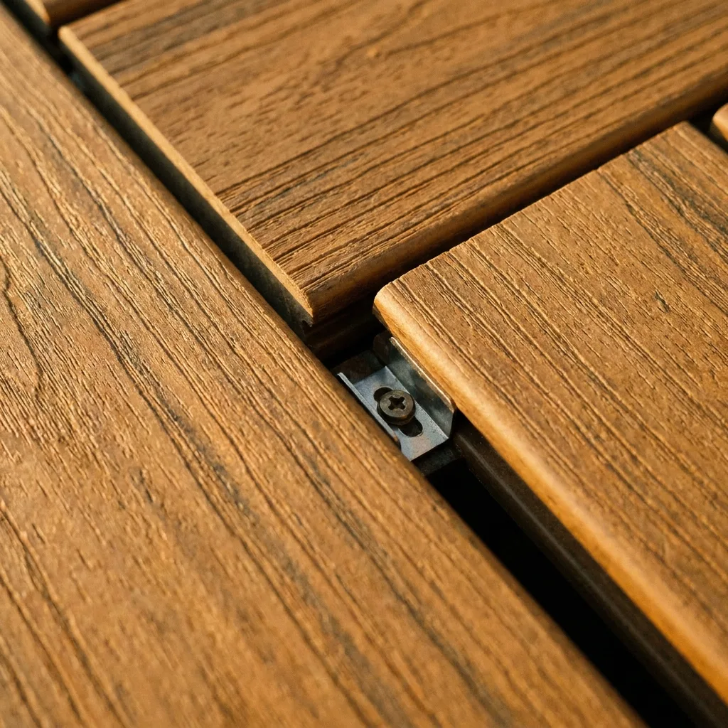 Close-up of two composite deck boards meeting at a joint, showing the hidden metal fastener clip that holds them in place with no screws visible on the surface.