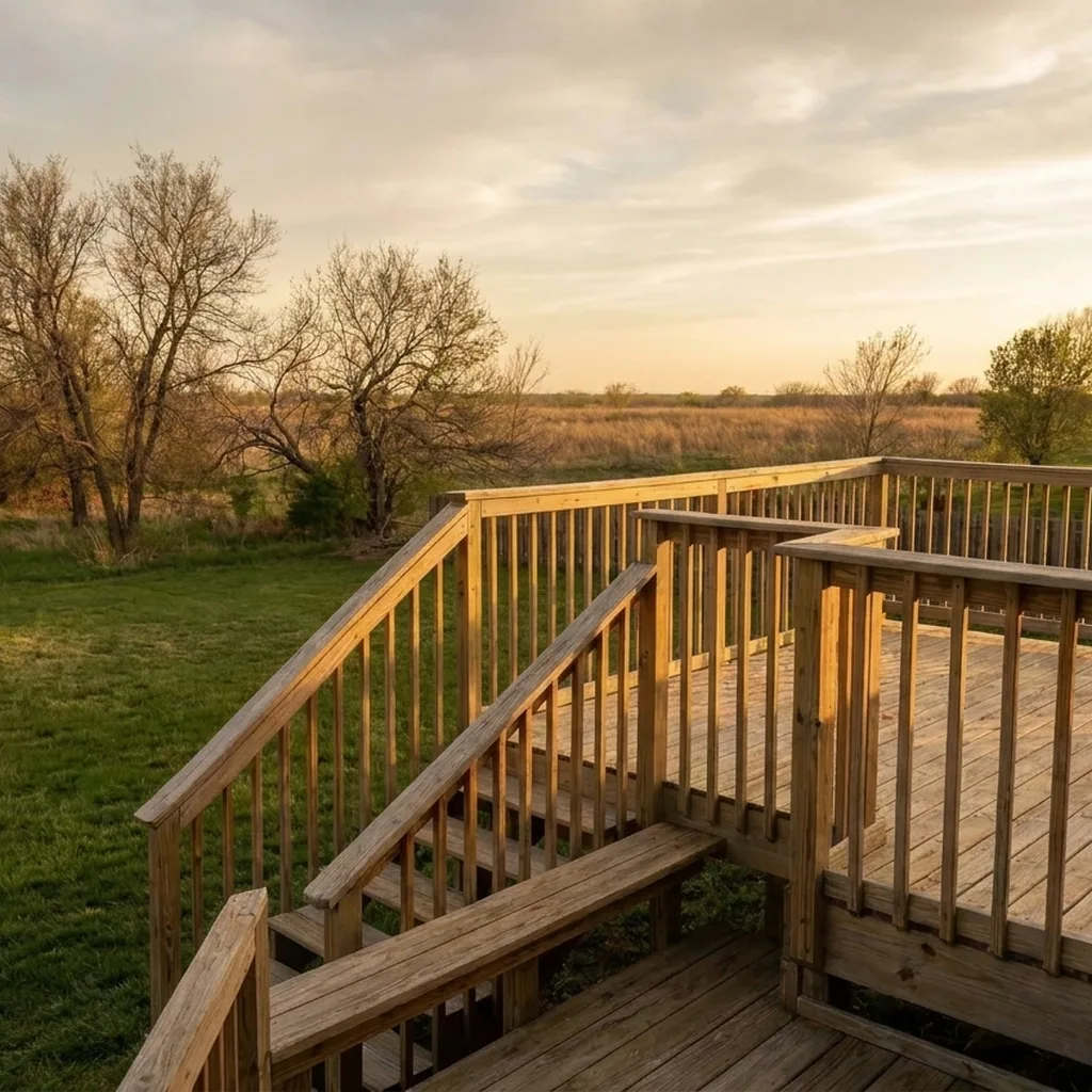 A mid-size, pressure-treated wood deck with a wraparound staircase leading down to the yard, photographed in warm afternoon light.