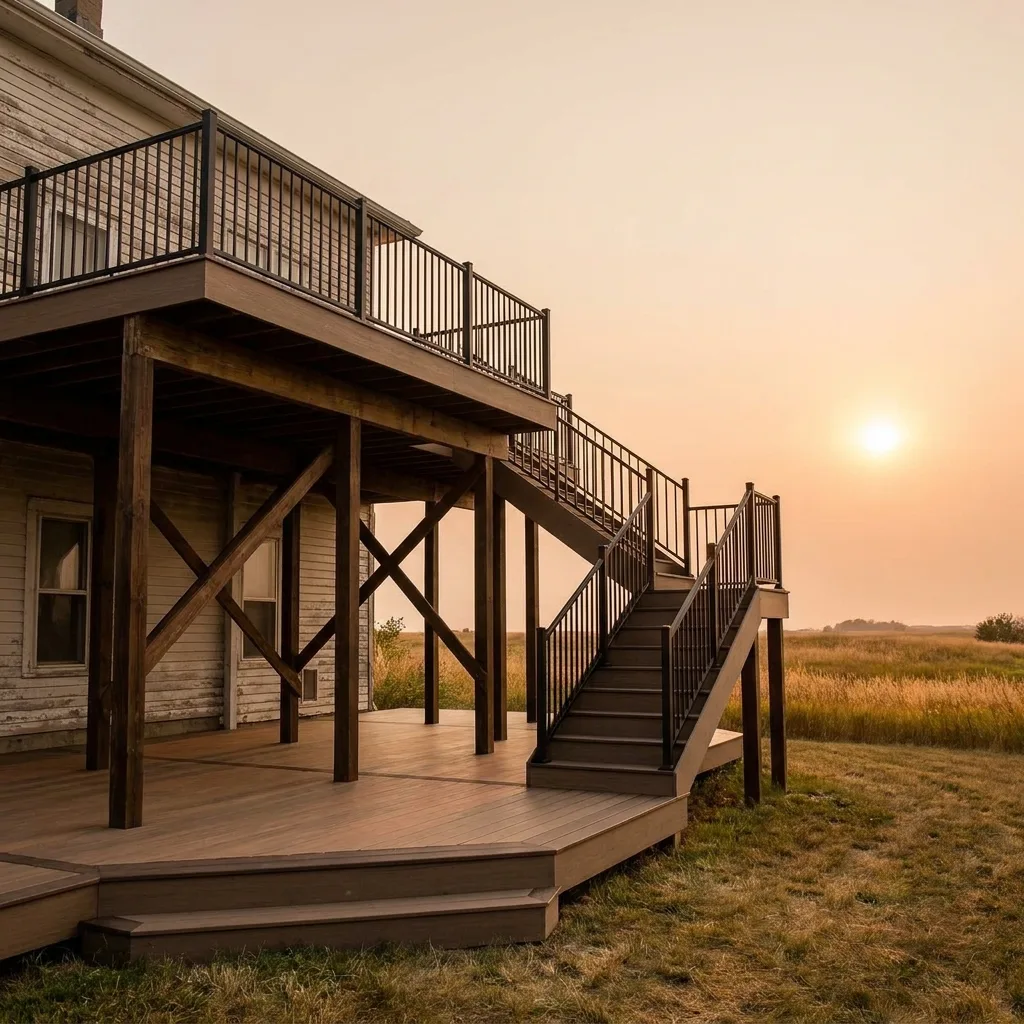 A multi-level composite deck raised well above ground level, connected by a staircase, with black railing running along each level.