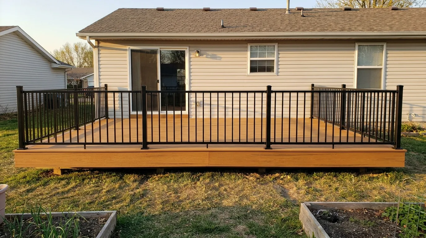 The same deck after its rebuild, with new composite decking and a black metal railing.