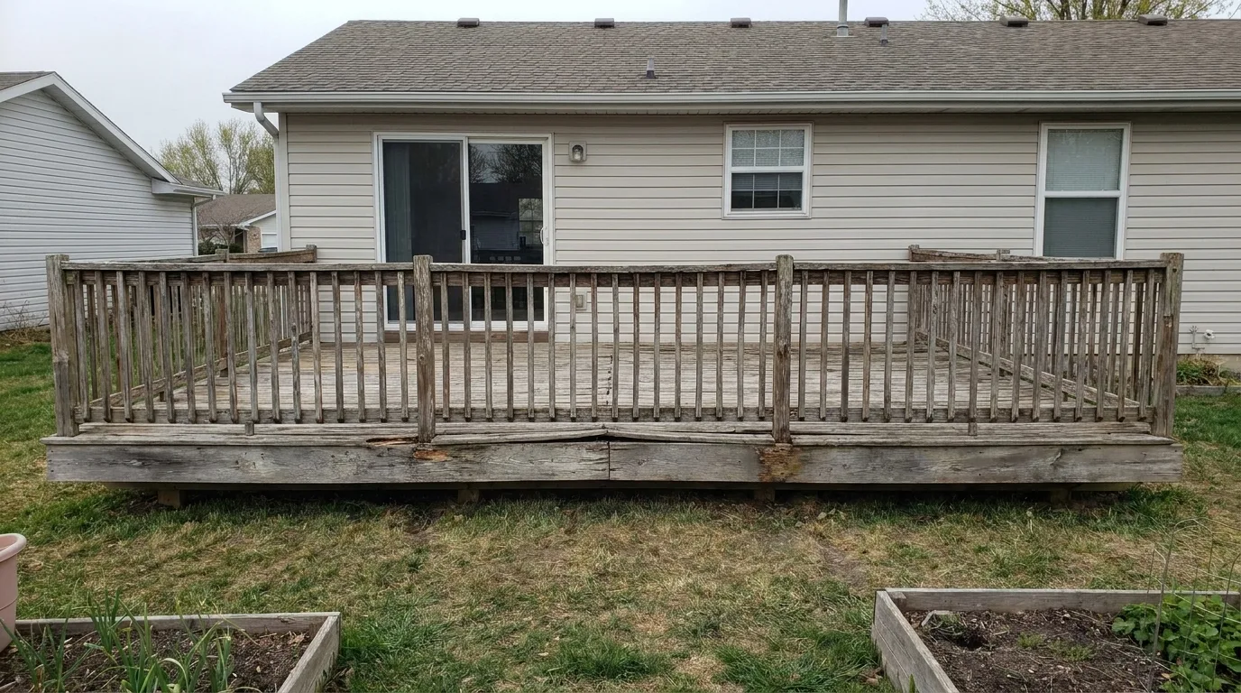 The same deck before its rebuild, with weathered gray boards and a worn wood railing.