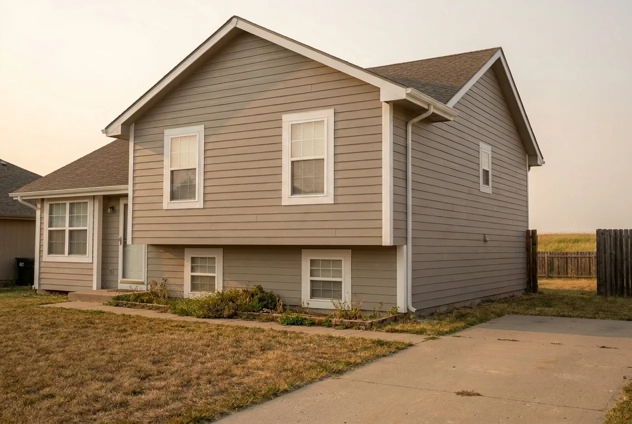 The same home after new engineered wood siding across the full elevation, with fresh trim.