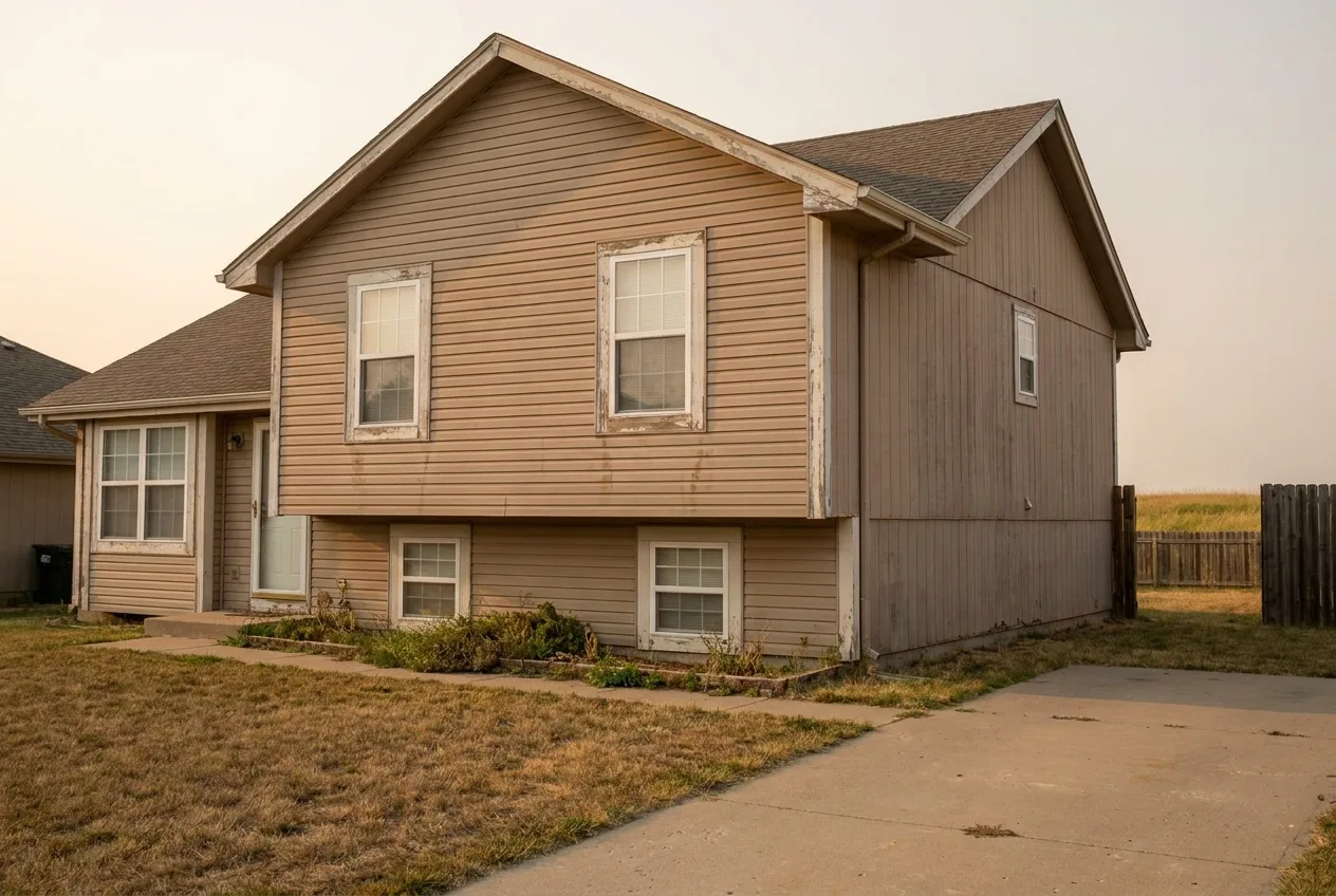 The same home's siding before replacement, with faded, cupping boards and worn trim.